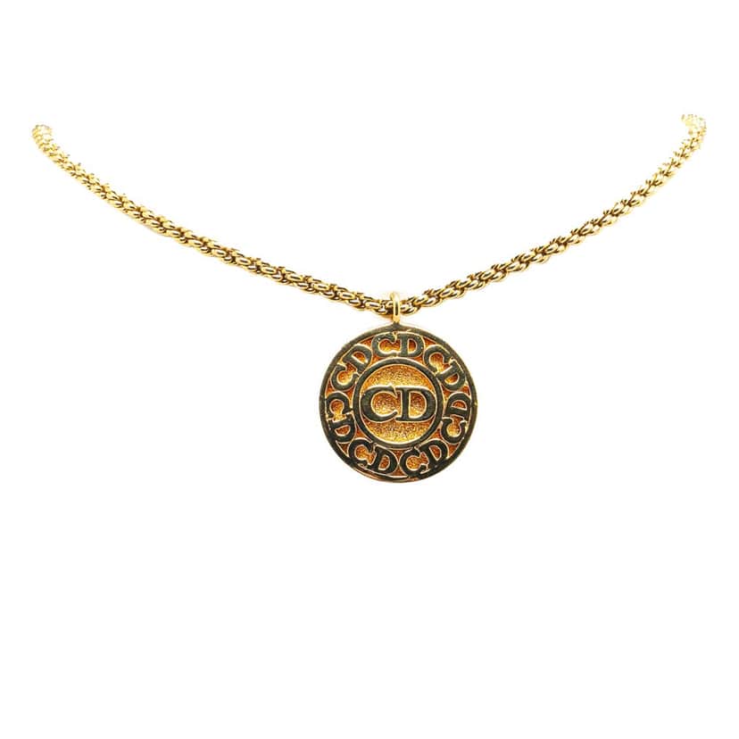 Dior Gold Plated Logo Round Pendant Necklace Gold Metal Good condition - Front View
