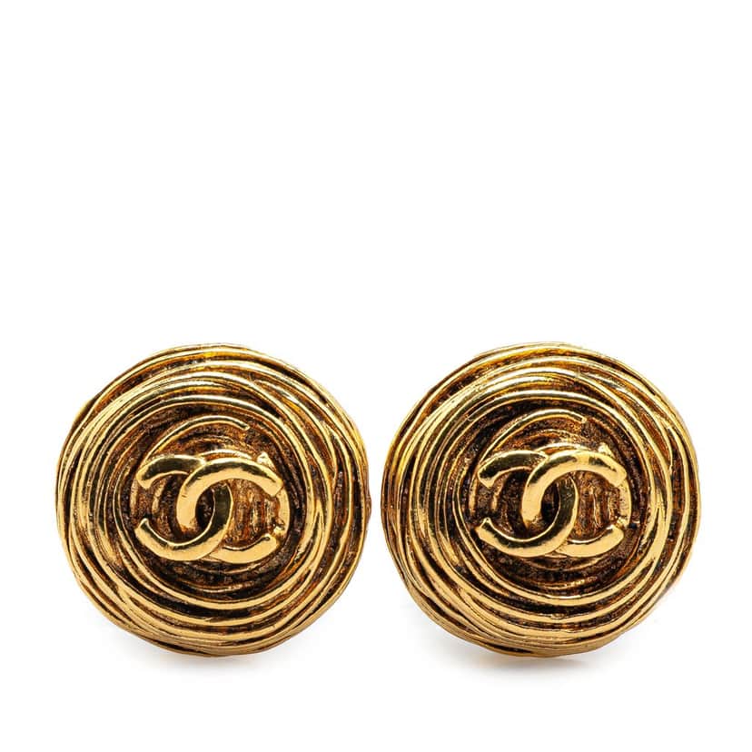Chanel Gold Plated CC Round Clip On Earrings Gold Metal Good condition - Front View