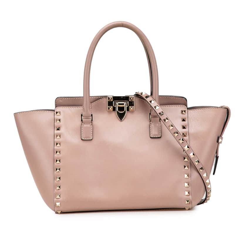 Valentino Small Leather Rockstud Double Handle Tote Brown Leather Good condition - Front View