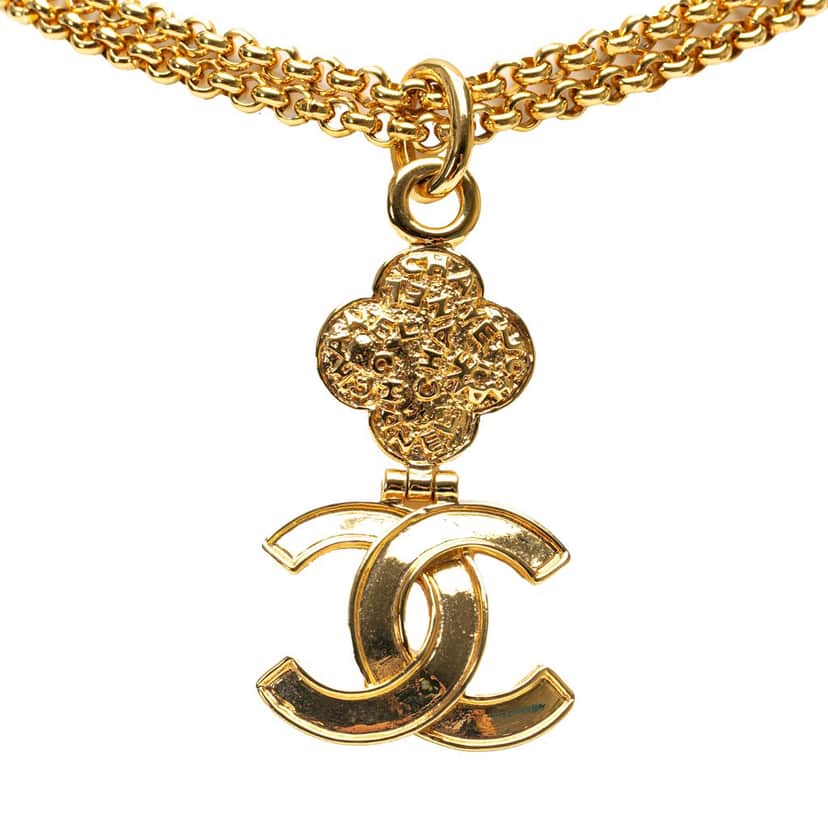 Chanel Gold Plated Double Chain CC Pendant Necklace Gold Metal Good condition - Front View
