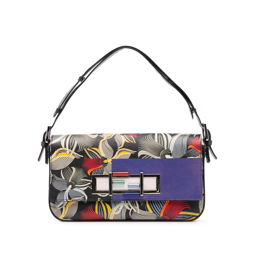 Fendi Leather Orchid Print 3Baguette Shoulder Bag Black Leather Good condition - Front View
