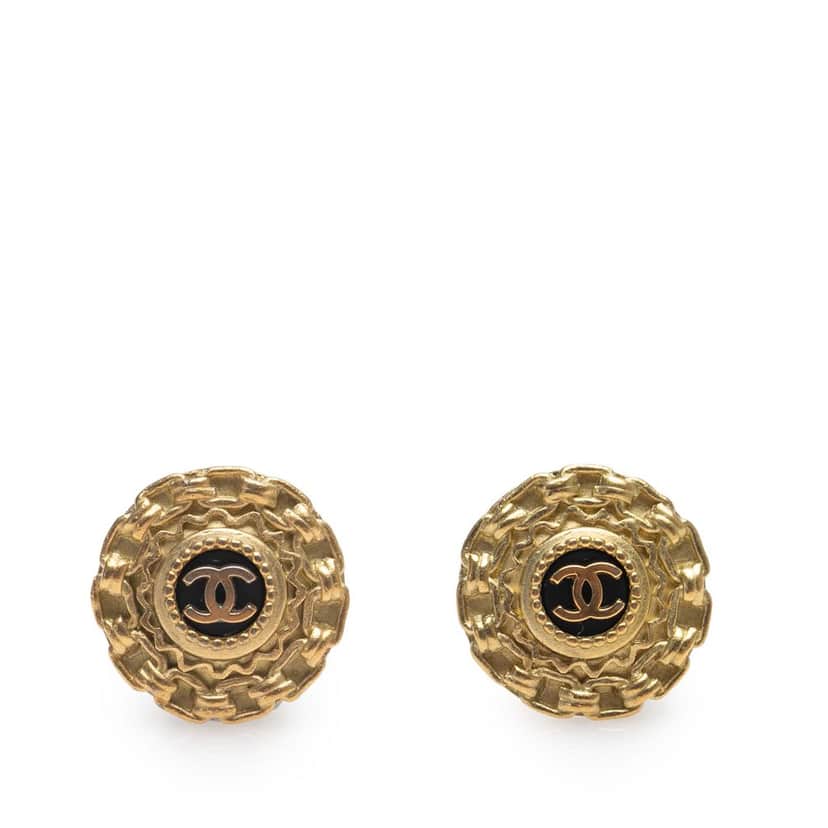 Chanel Gold Plated Resin CC Button Clip on Earrings Gold Metal Good condition - Front View
