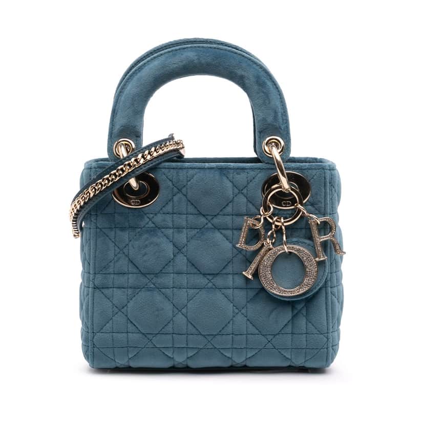 Dior Mini Velvet Cannage Lady Dior Blue Velvet Good condition - Front View