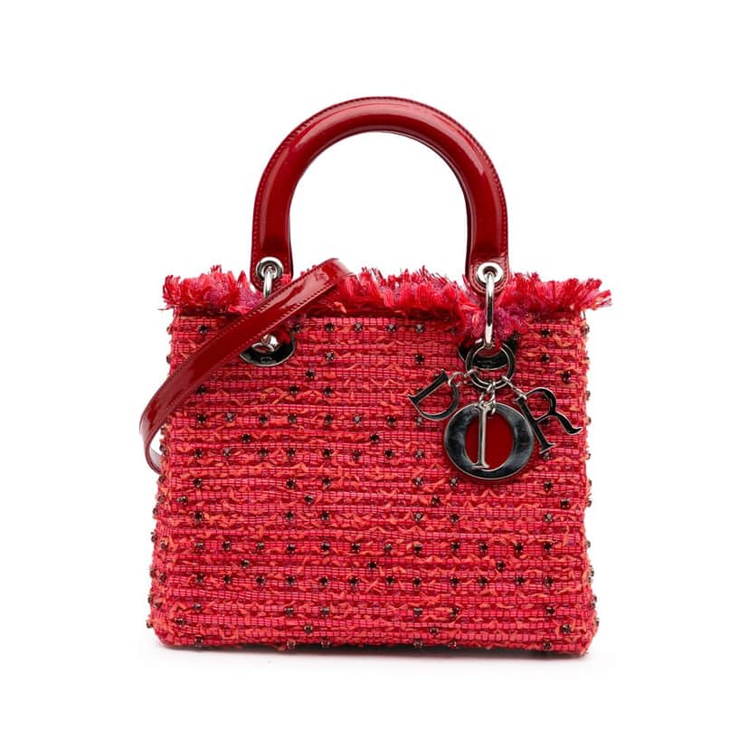 Dior Medium Tweed Fringe Rhinestone Lady Dior Red Tweed Good condition - Front View