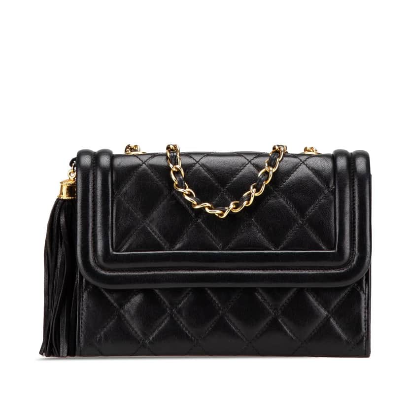 Chanel Quilted Lambskin Tassel Flap Black Leather Good condition - Front View