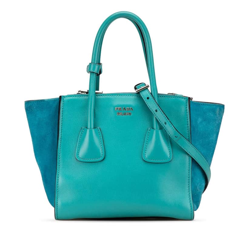 Prada Scamosciato Trimmed Glace Calf Twin Pocket Satchel Blue Leather Good condition - Front View