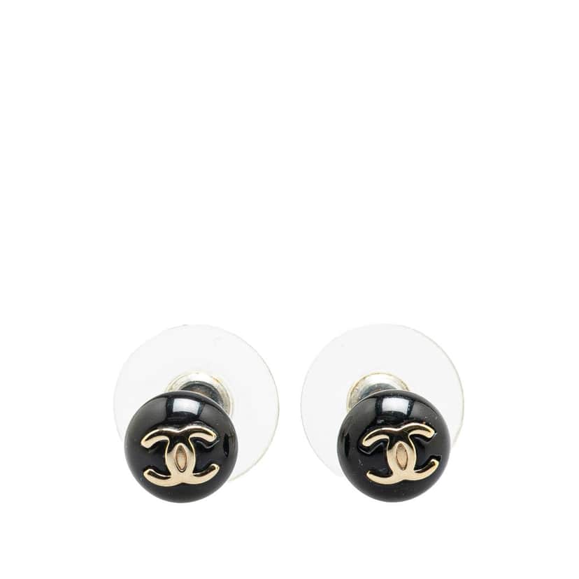 Chanel Resin CC Button Push Back Earrings Black Very good condition - Front View