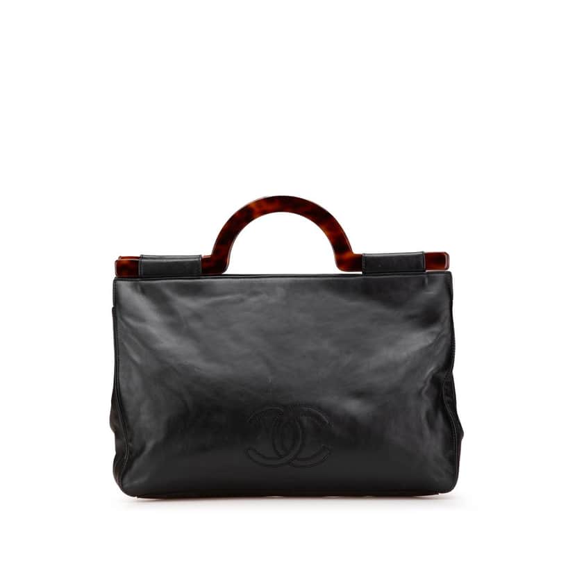 Chanel CC Lambskin Tortoise Handle Tote Black Leather Good condition - Front View