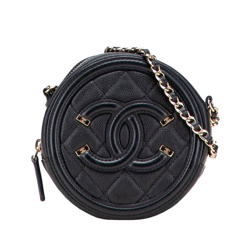 Chanel Caviar CC Filigree Round Clutch with Chain Black Leather Good condition - Front View