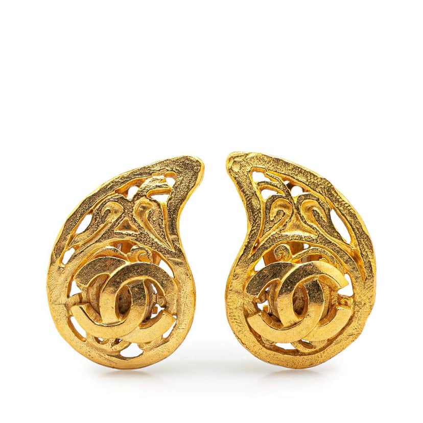 Chanel Gold Plated CC Paisley Clip On Earrings Gold Metal Good condition - Front View
