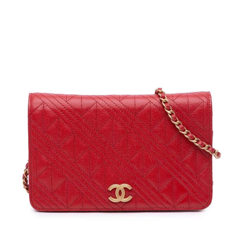 Chanel CC Mixed Quilt Caviar Wallet On Chain Red Leather Good condition - Front View