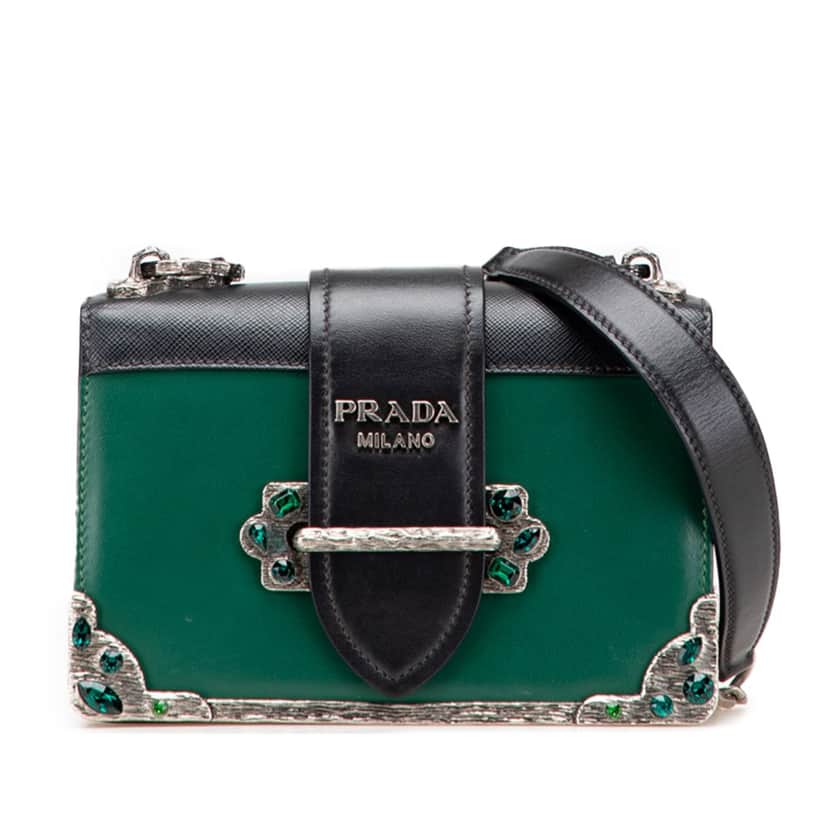 Prada Saffiano Trimmed City Calf Crystal Cahier Crossbody Green Leather Good condition - Front View