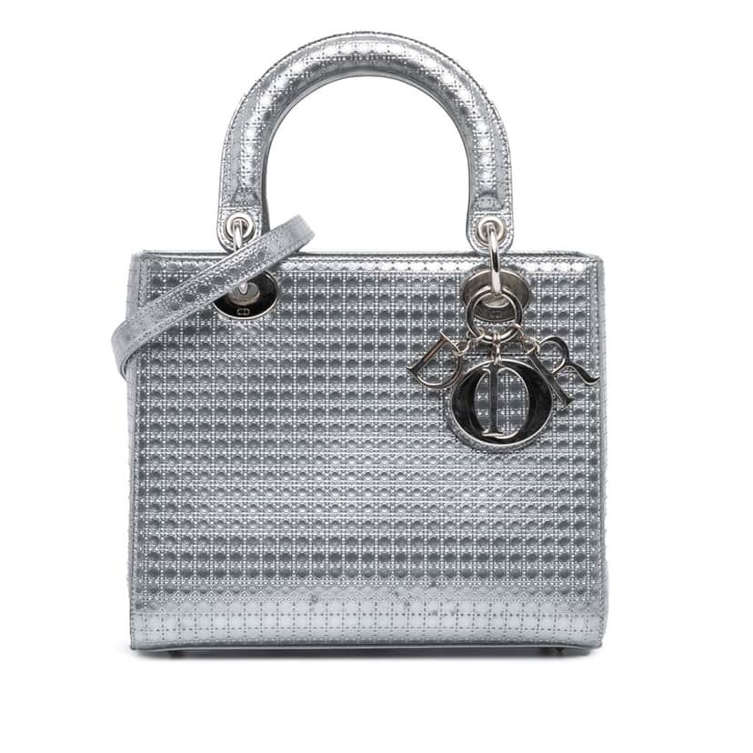 Dior Medium Metallic Patent Microcannage Lady Dior Silver Leather Good condition - Front View