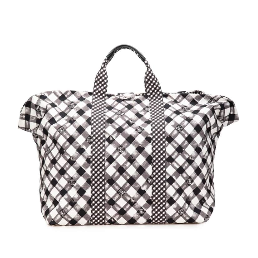 Chanel Printed Canvas Gingham Weekender Tote White Canvas Very good condition - Front View