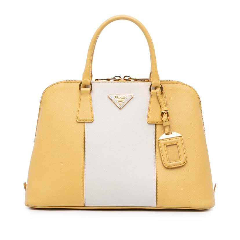 Prada Medium Bicolor Saffiano Lux Promenade Satchel Yellow Leather Good condition - Front View