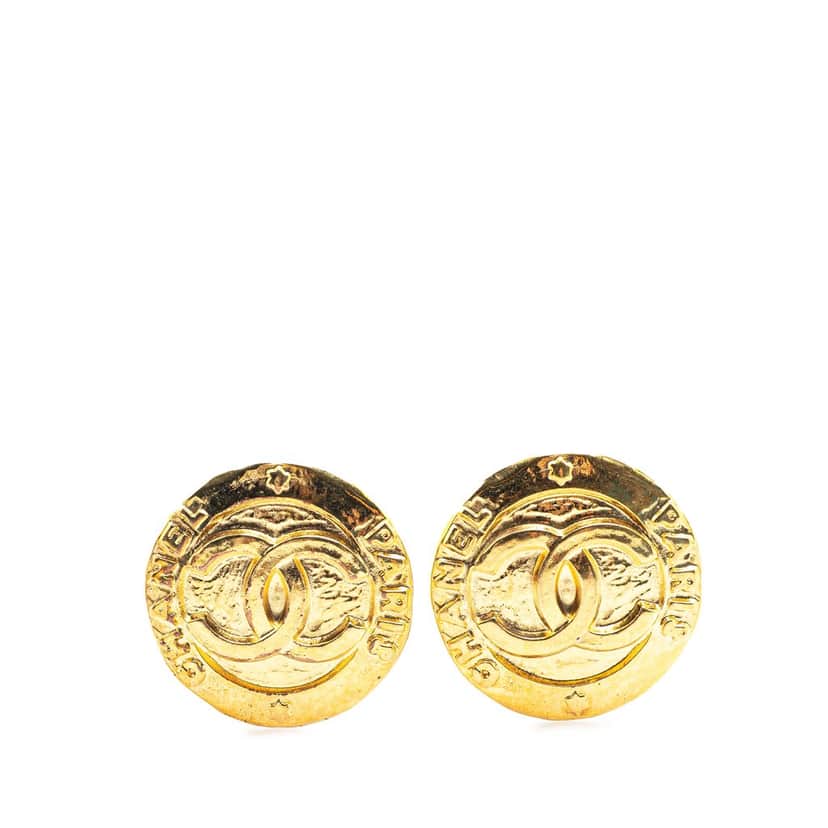 Chanel CC Gold Plated Round Clip On Earrings Gold Metal Good condition - Front View