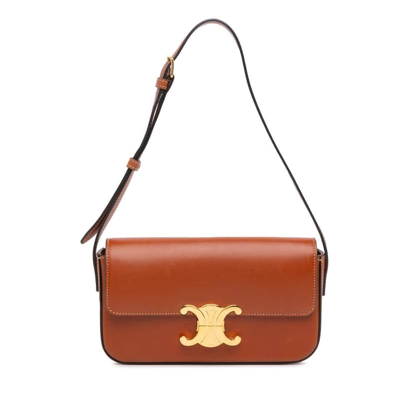Celine Shiny Calfskin Claude Shoulder Bag Brown Leather Good condition - Front View