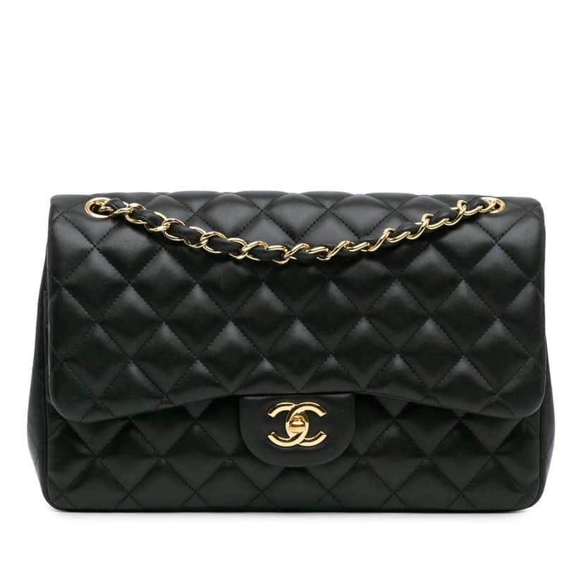 Chanel Jumbo Classic Lambskin Double Flap Black Leather Fair condition - Front View