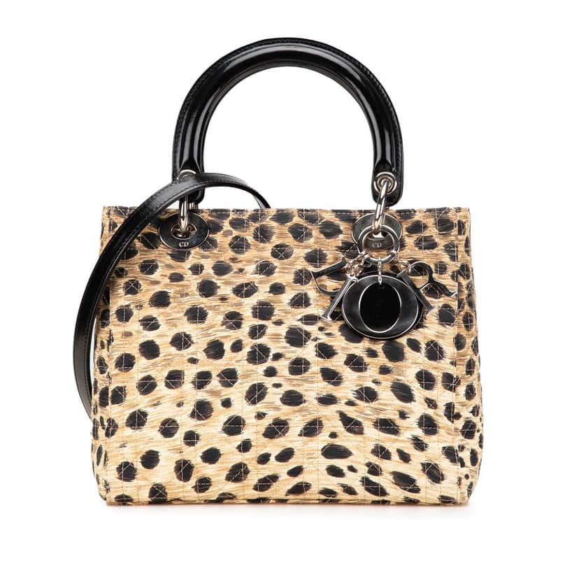 Dior Medium Canvas Cannage Leopard Print Lady Dior Brown Canvas Good condition - Front View