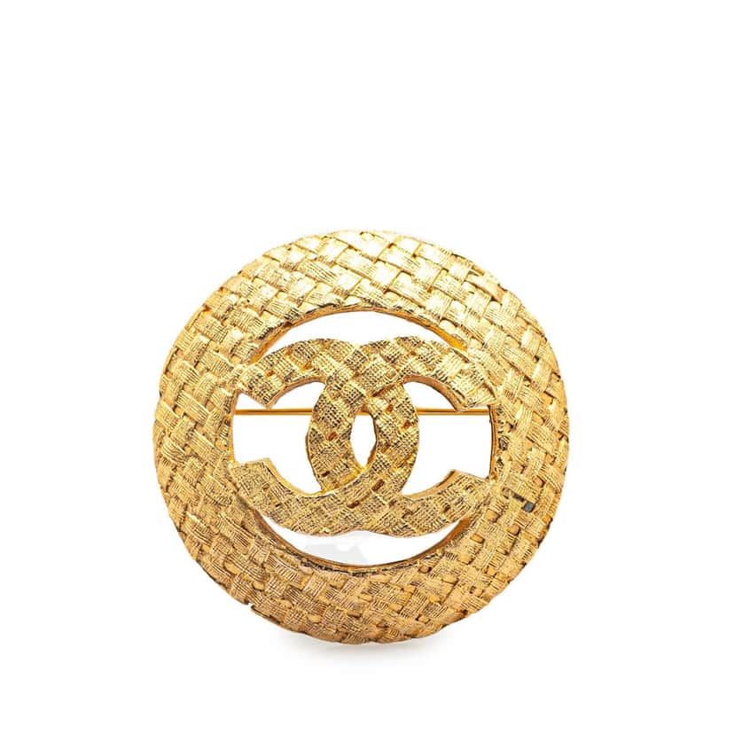 Chanel Gold Plated CC Round Woven Brooch Gold Metal Good condition - Front View