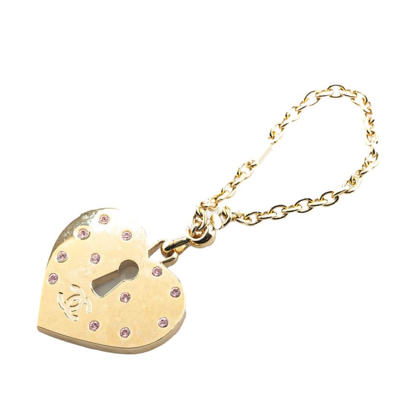 Chanel Gold Plated Rhinestone CC Heart Charm Gold Metal Good condition - Front View
