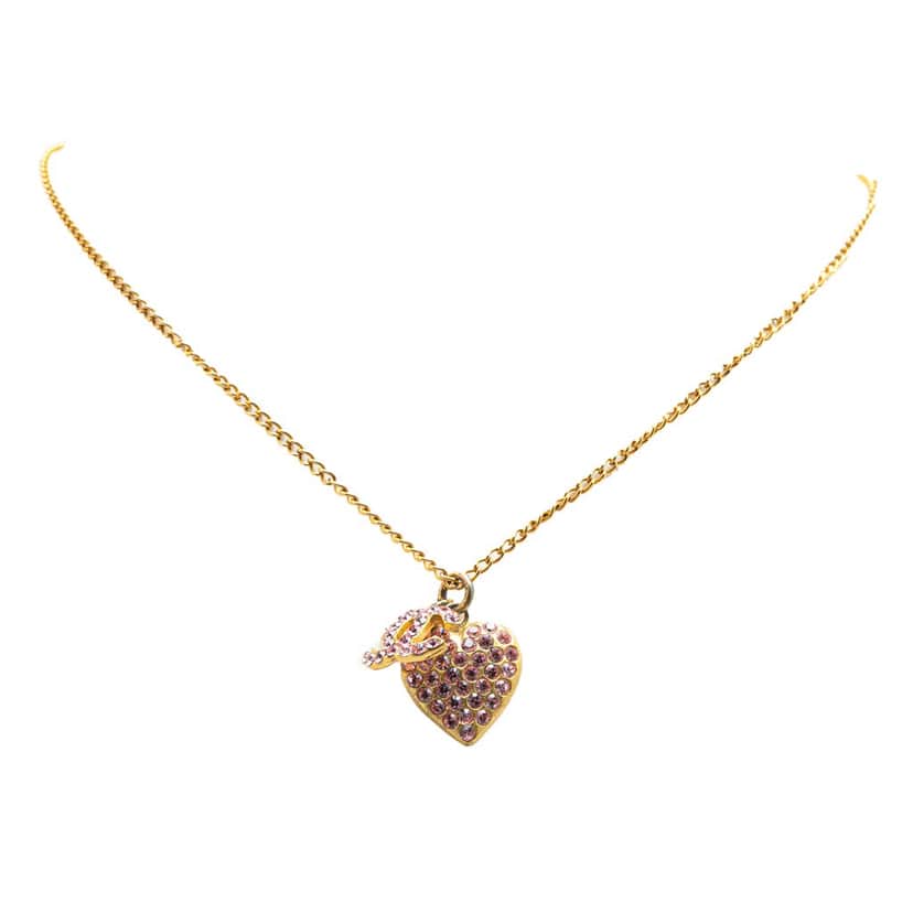Chanel Gold Plated Rhinestone CC Heart Pendant Necklace Gold Metal Good condition - Front View