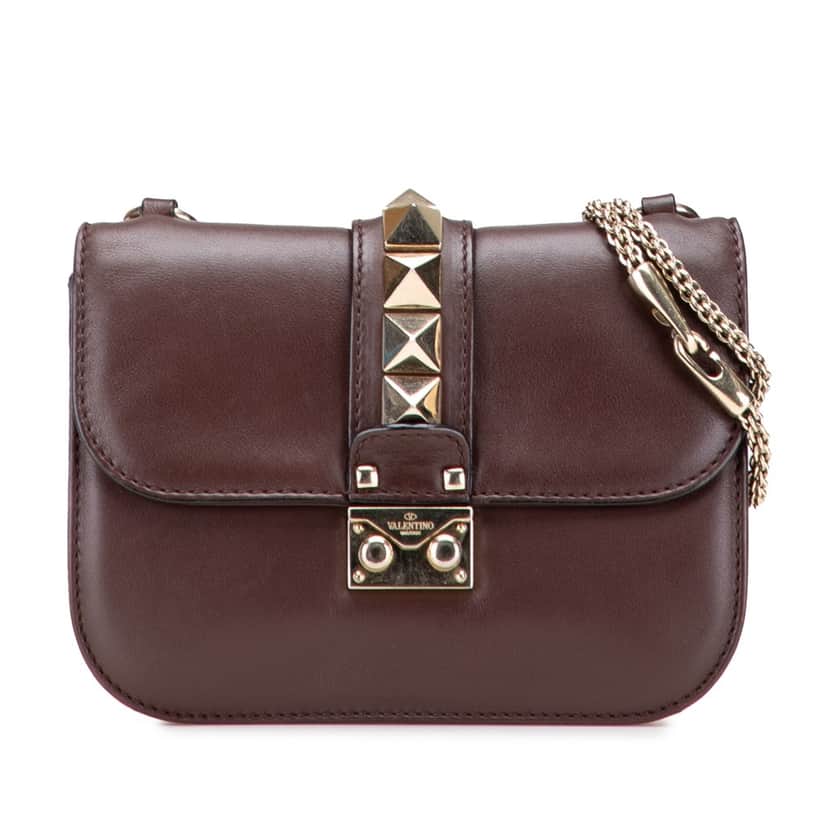 Valentino Small Leather Rockstud Glam Lock Crossbody Brown Leather Good condition - Front View