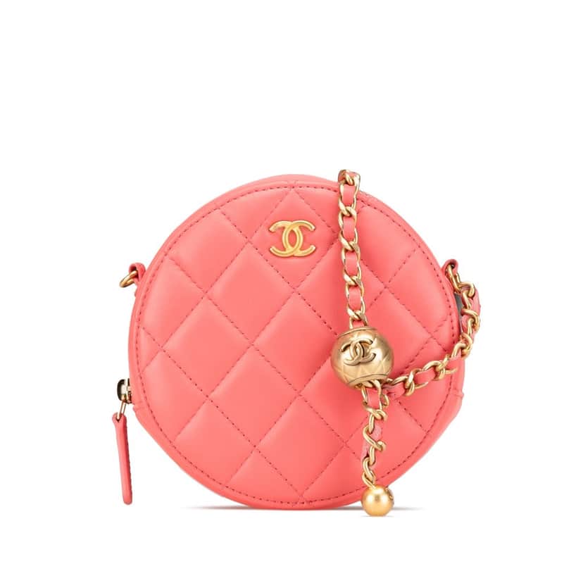 Chanel CC Quilted Lambskin Pearl Crush Round Clutch with Chain Pink Leather Good condition - Front View