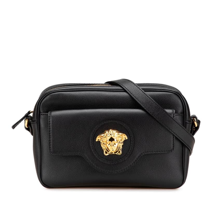 Versace Grained Calfskin La Medusa Crossbody Black Leather Good condition - Front View