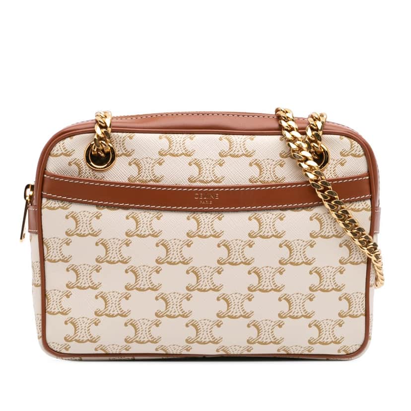 Celine Small Triomphe Coated Canvas Patapans Shoulder Bag White Canvas Good condition - Front View