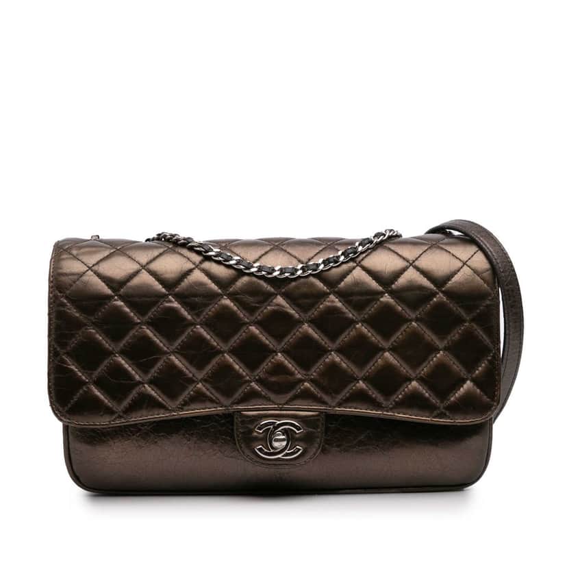 Chanel Medium Metallic Crackled Calfskin Clams Pocket Flap Brown Leather Good condition - Front View