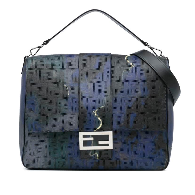 Fendi Large Zucca Perforated Leather Baguette Satchel Blue Leather Good condition - Front View