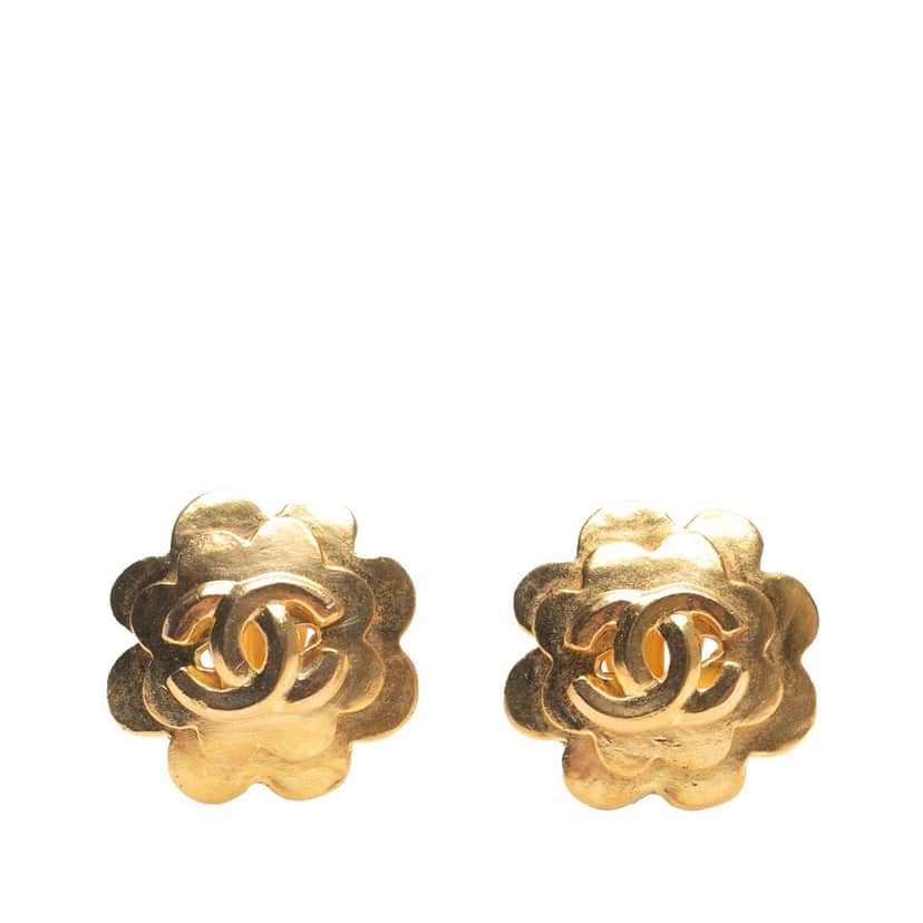 Chanel Gold Plated CC Flower Clip On Earrings Gold Metal Good condition - Front View