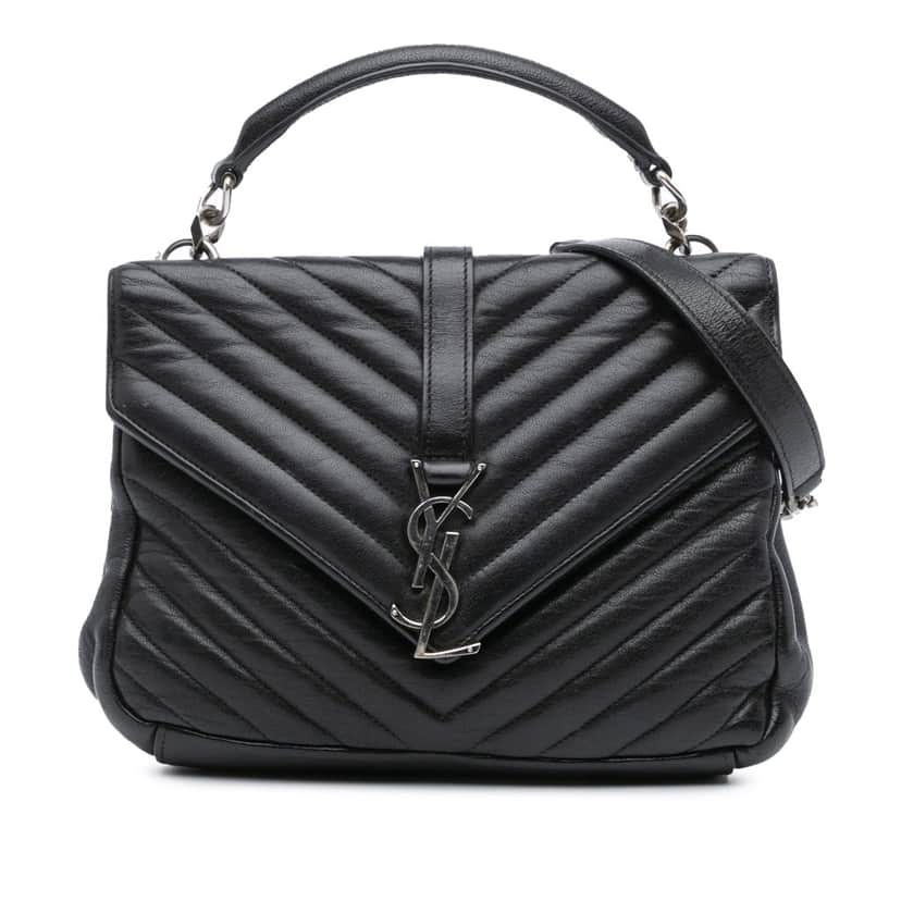 Saint Laurent Medium Quilted Chevron Sheepskin College Satchel Black Leather Good condition - Front View