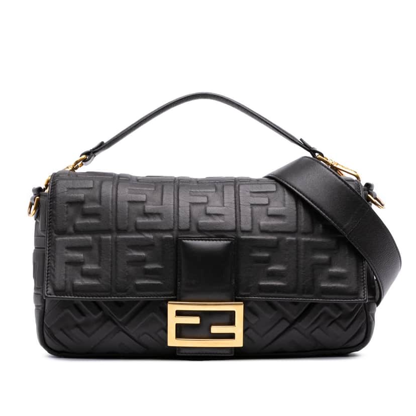 Fendi Large Zucca Embossed Leather Baguette Satchel Black Leather Good condition - Front View
