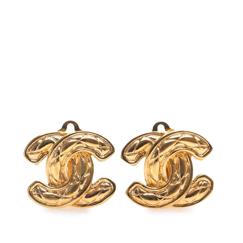 Chanel Gold Plated CC Quilted Clip On Earrings Gold Metal Good condition - Front View