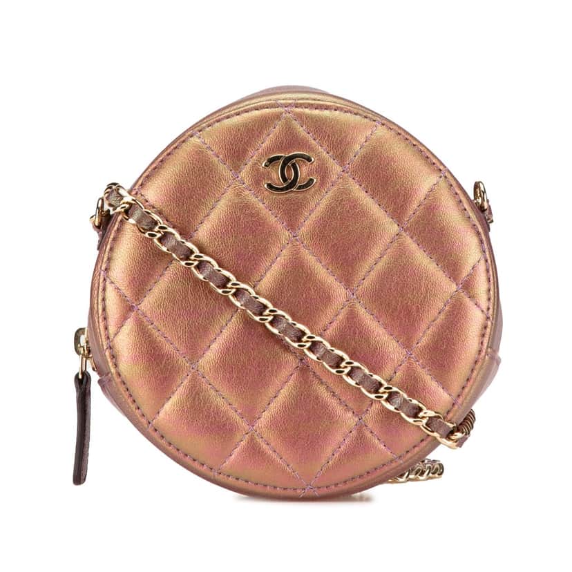 Chanel Quilted Iridescent Lambskin Round Clutch With Chain Purple Leather Good condition - Front View