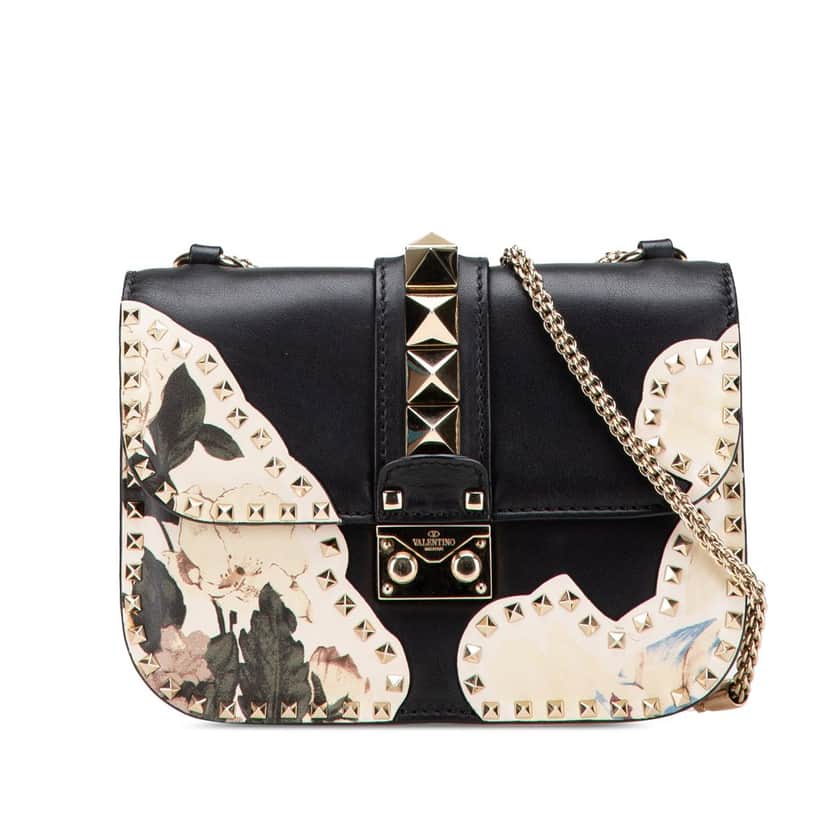 Valentino Small Kimono 1997 Print Glam Lock Shoulder Bag Black Leather Good condition - Front View