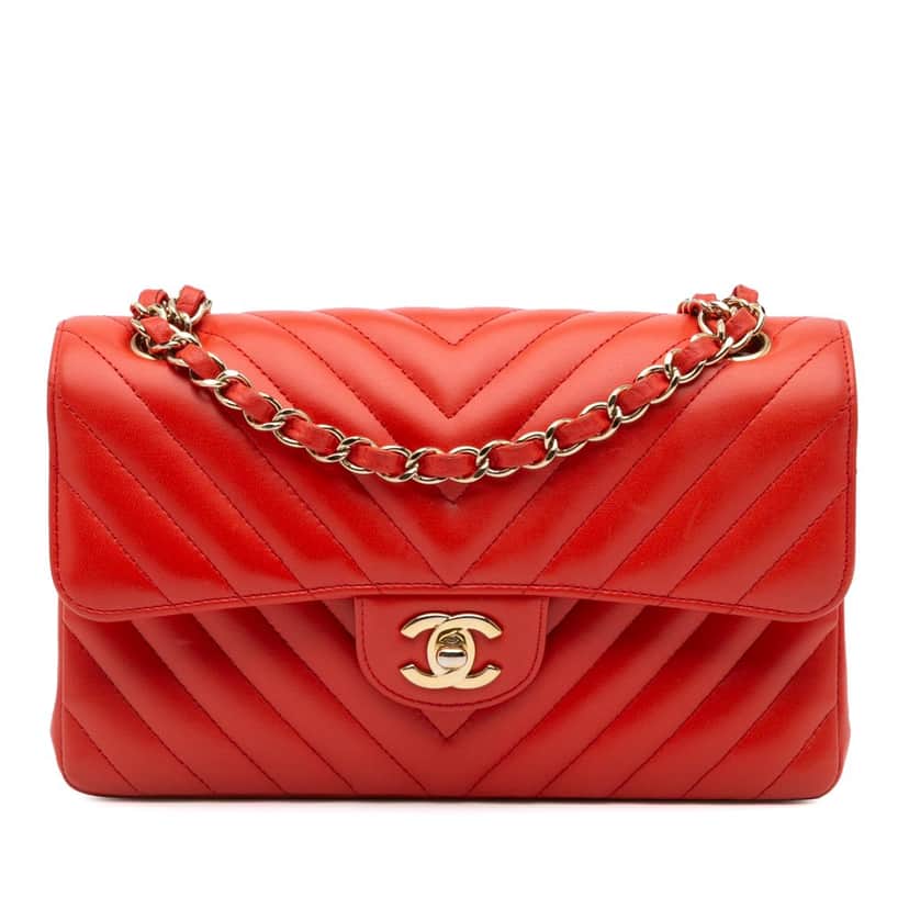 Chanel Small Classic Chevron Lambskin Double Flap Orange Leather Good condition - Front View