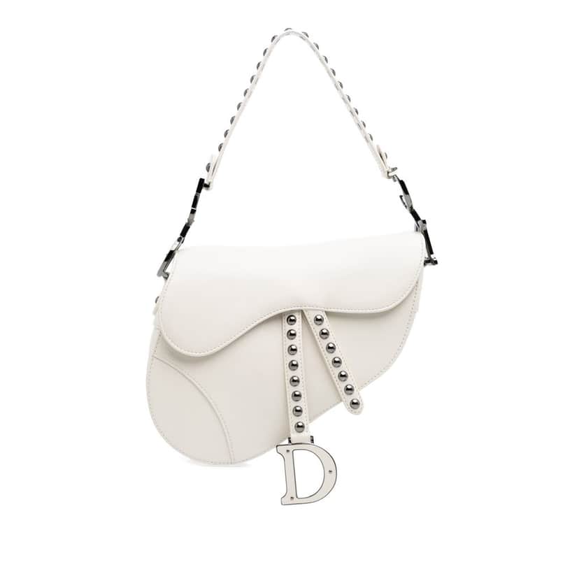 Dior Studded Leather Saddle Bag White Leather Good condition - Front View