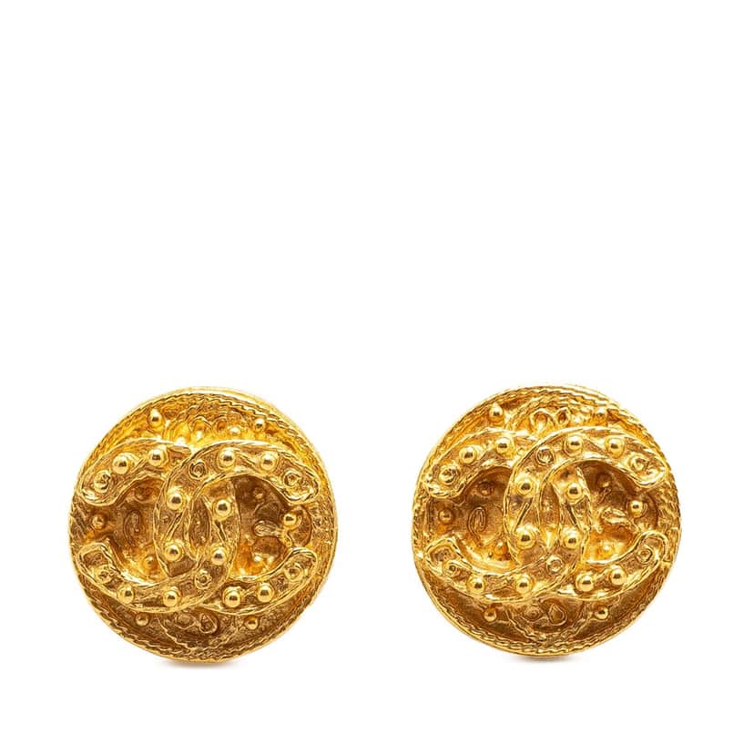 Chanel CC Gold Plated Button Clip On Earrings Gold Metal Good condition - Front View