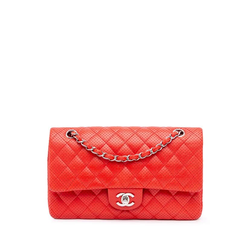 Chanel Medium Classic Perforated Lambskin Double Flap Red Leather Good condition - Front View