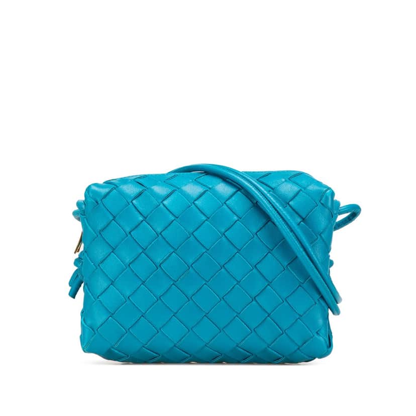 Bottega Veneta Mini Lambskin Intrecciato Loop Camera Bag Blue Leather Good condition - Front View