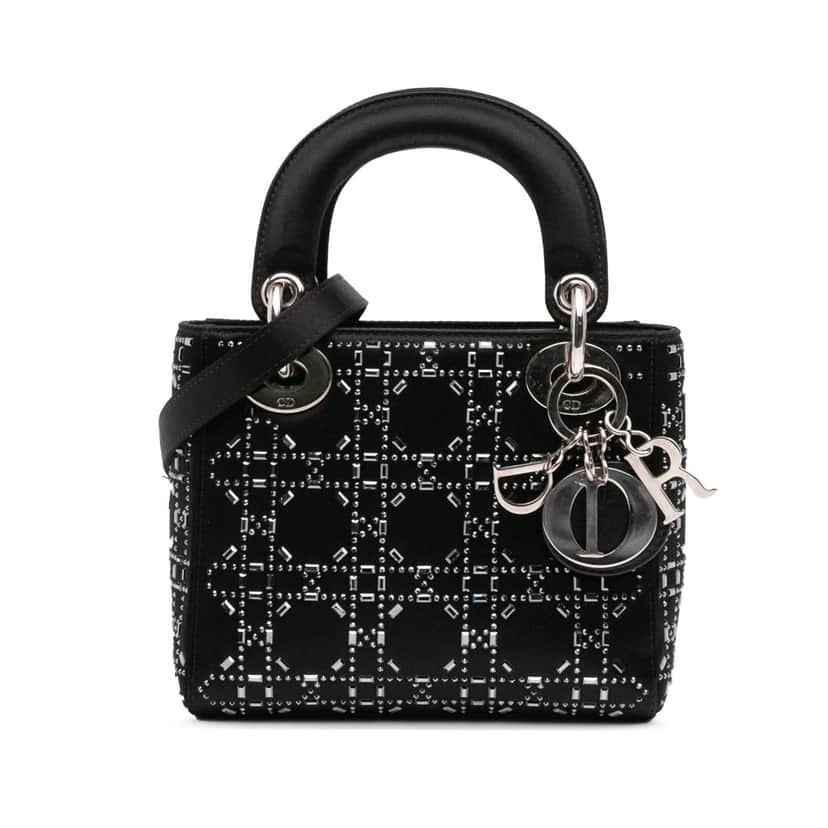 Dior Mini Satin Cannage Strass Crystal Embellished Lady Dior Black Satin Good condition - Front View