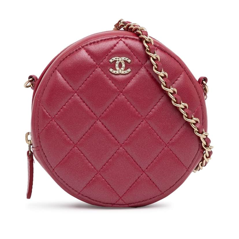 Chanel Quilted Lambskin Round Pearl Clutch with Chain Red Leather Good condition - Front View