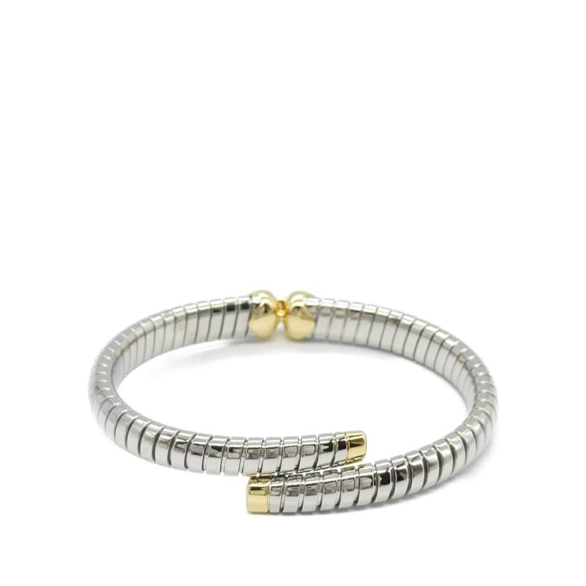Bvlgari Stainless Steel and 18K Yellow Gold Tubogas Hearts Open Flex Bangle Silver Stainless steel Good condition - Front View