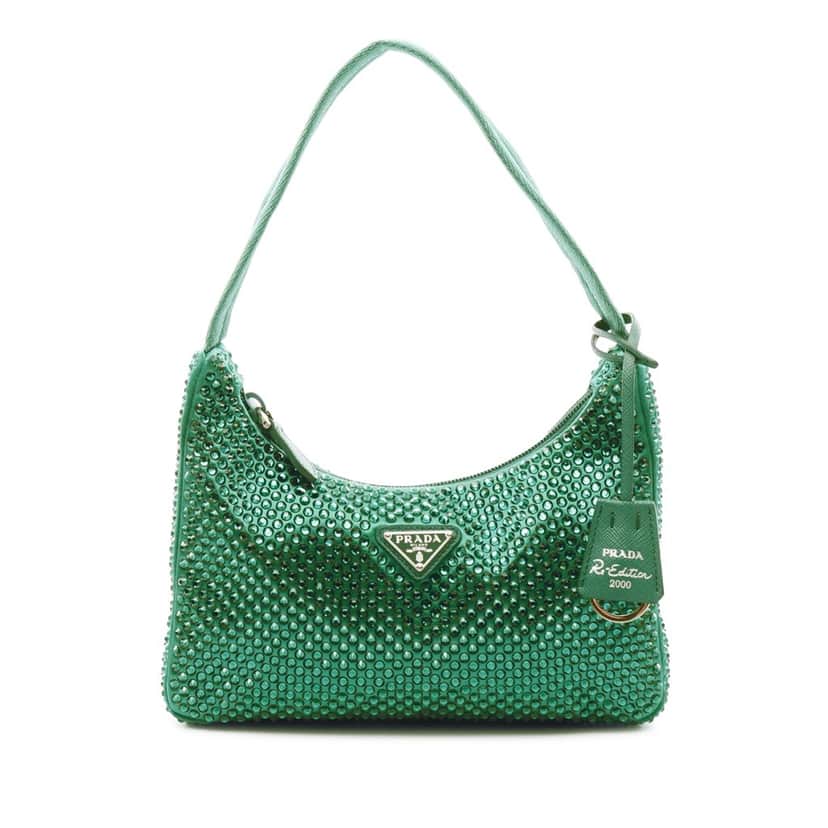 Prada Mini Satin Crystal Re Edition 2000 Shoulder Bag Green Satin Good condition - Front View