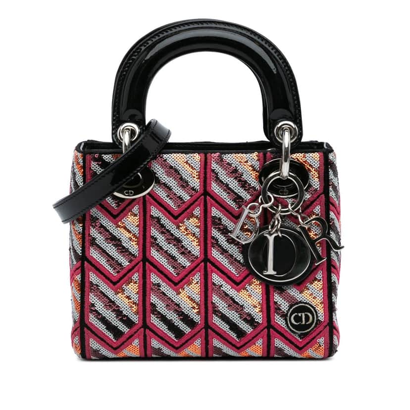 Dior Mini Patent Sequined Lady Dior Pink Leather Good condition - Front View