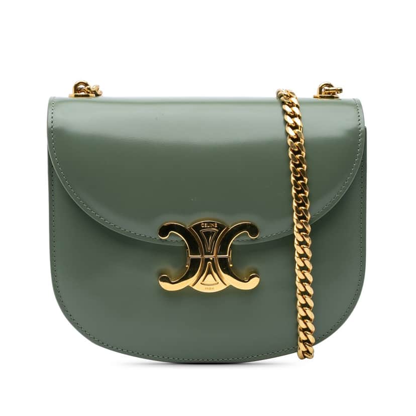 Celine Teen Shiny Calfskin Triomphe Besace Clea Chain Crossbody Green Leather Good condition - Front View