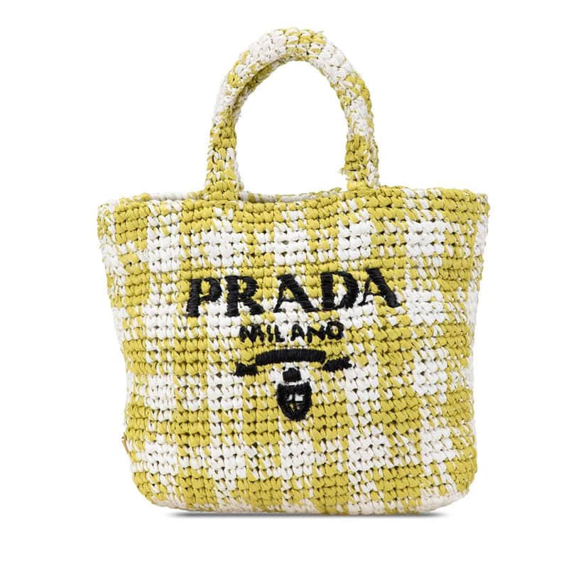 Prada Small Raffia Effect Crochet Embroidered Logo Tote Yellow Good condition - Front View